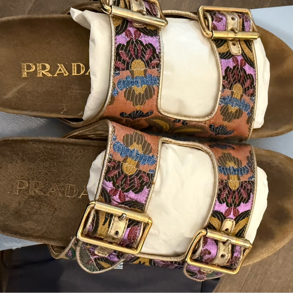 Prada Floral Sandals with Gold Buckles